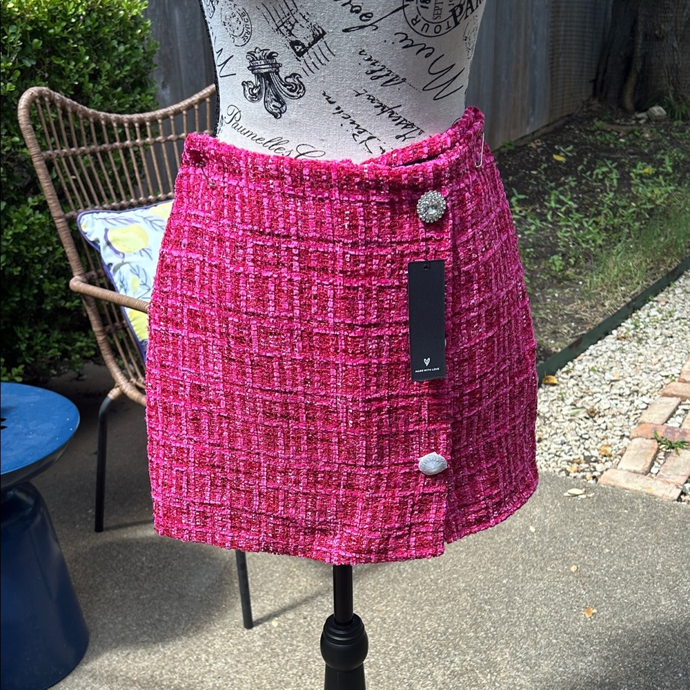 Lulu's Fuchsia Asymmetrical Tweed Skirt